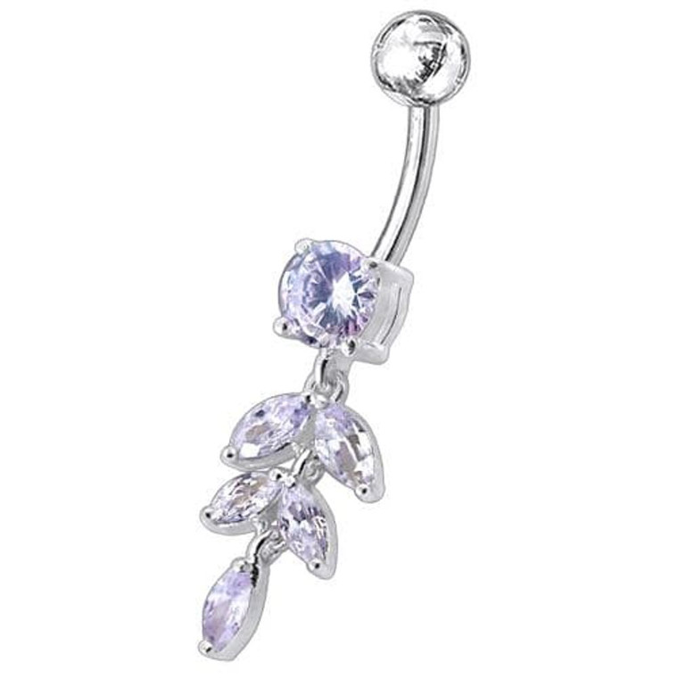 Silver Fancy White CZ Jeweled Dangling SS Banana Bar Navel Ring Body Jewelry - Lavender
