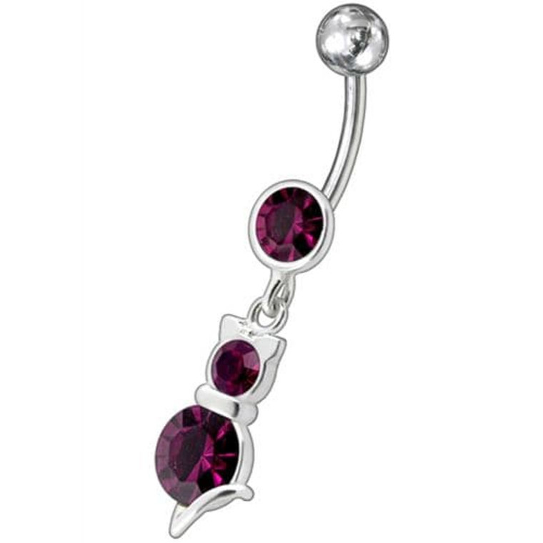Silver Fancy cat with Single Stone Jeweled Dangling Belly Ring - Purple