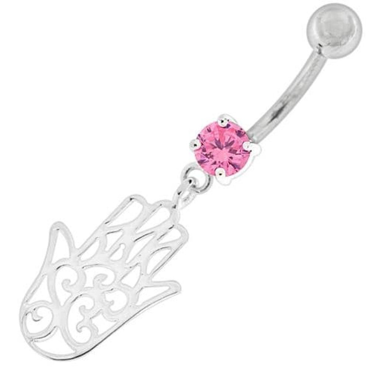 Silver Hamsa Hand Belly Ring - Pink