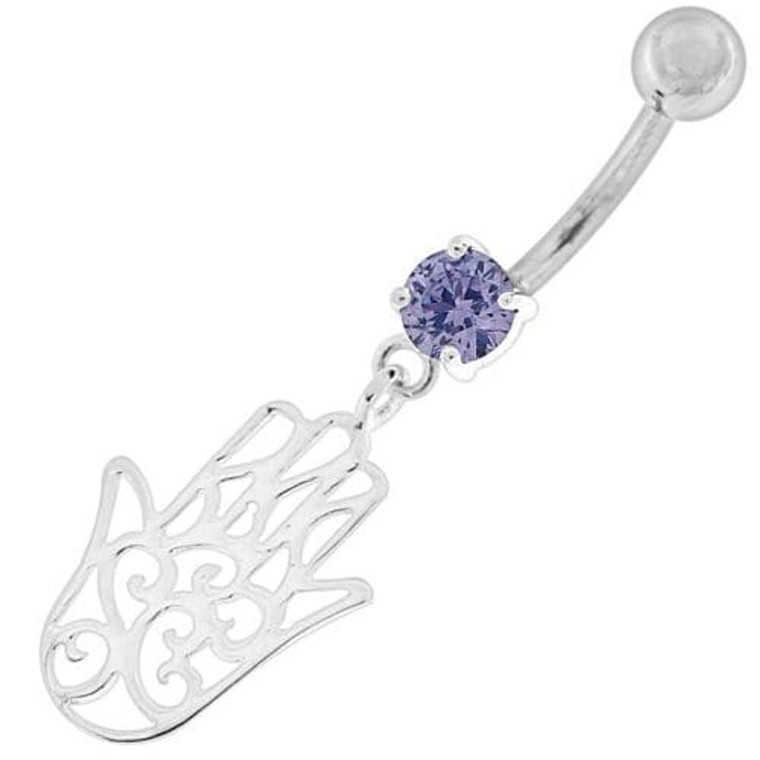 Silver Hamsa Hand Belly Ring - Lavender