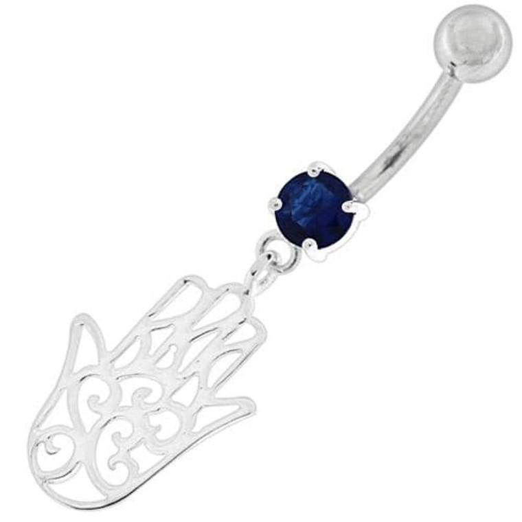 Silver Hamsa Hand Belly Ring - Dark Blue