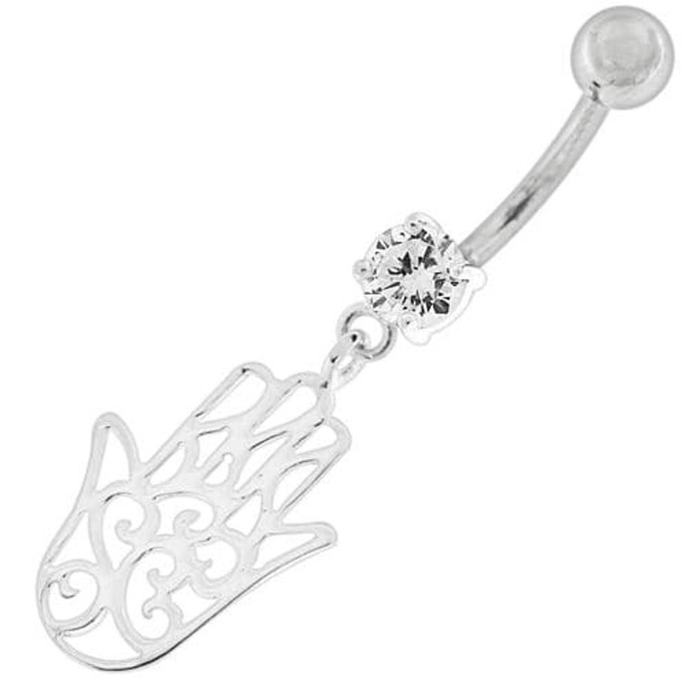 Silver Hamsa Hand Belly Ring - Clear