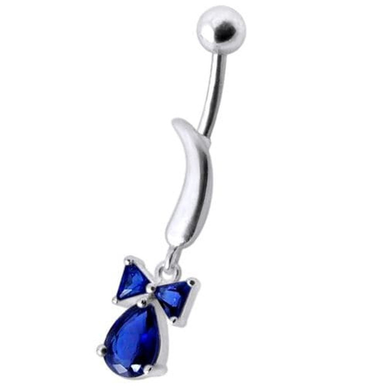 Silver Jeweled Bow Design Navel Ring Body Jewelry - Dark Blue