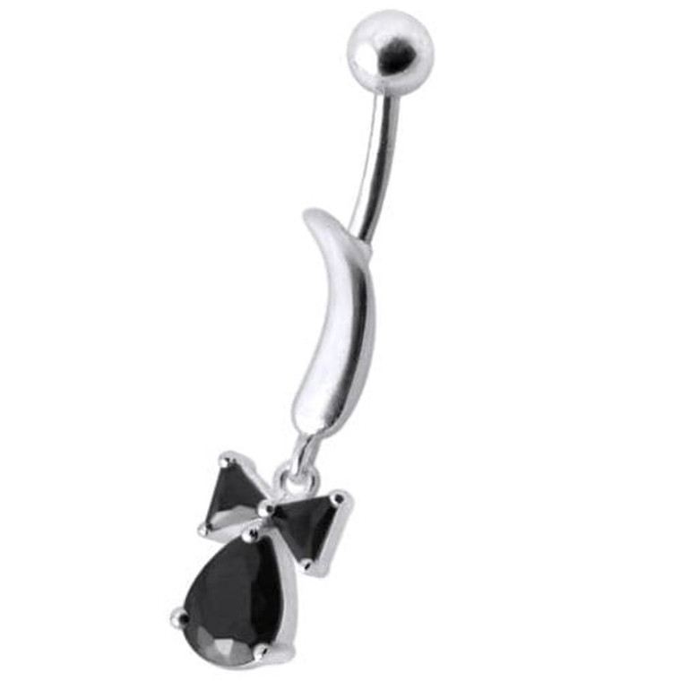 Silver Jeweled Bow Design Navel Ring Body Jewelry - Black