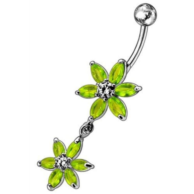 Silver Jeweled Flower Dangling SS Curved Belly Ring - Peridot