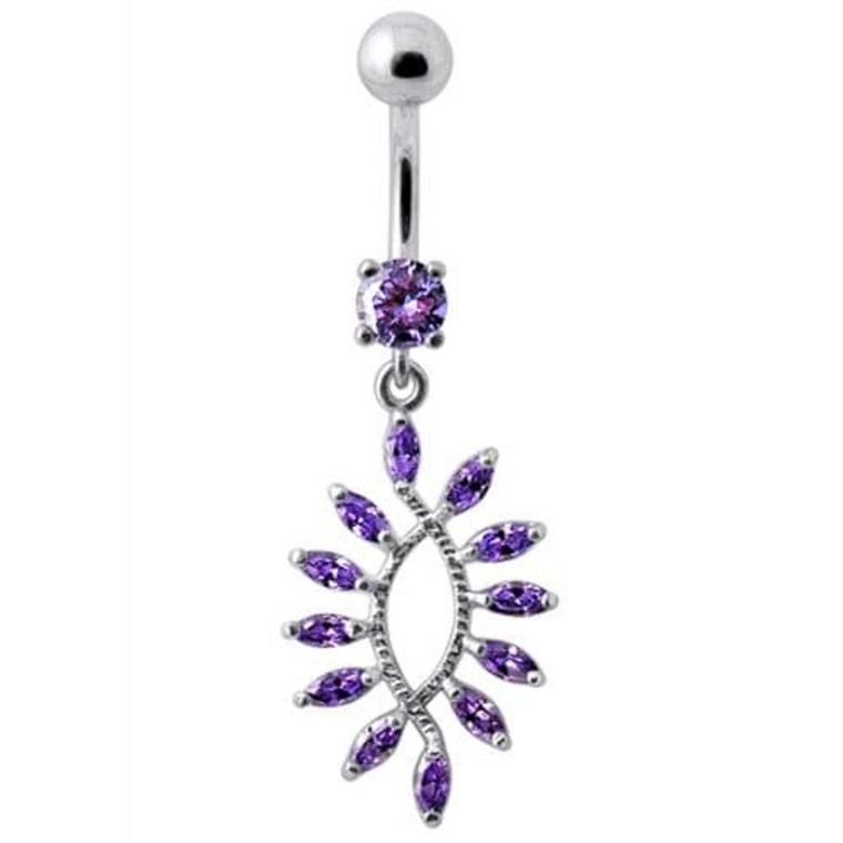Silver Jeweled Dangling SS Curved Bar Belly Ring Body Jewelry - Purple