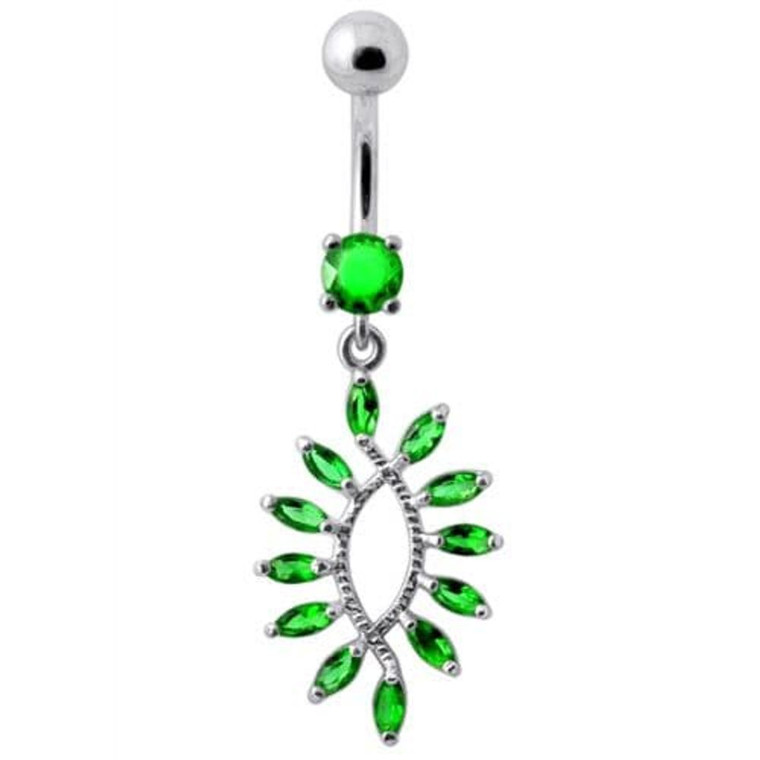 Silver Jeweled Dangling SS Curved Bar Belly Ring Body Jewelry - Emerald