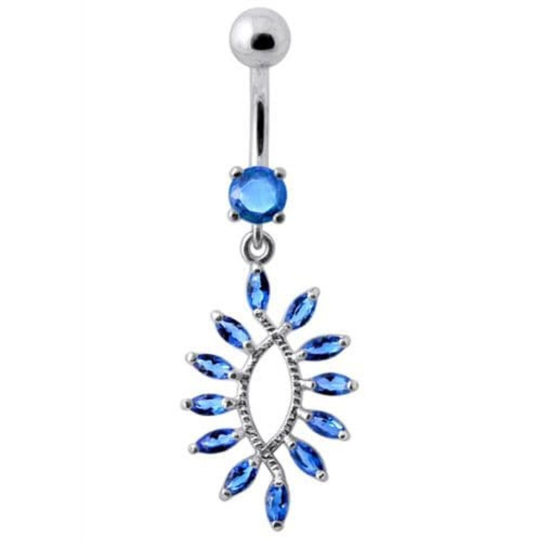 Silver Jeweled Dangling SS Curved Bar Belly Ring Body Jewelry - Dark Blue