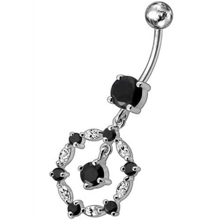 Silver New Fancy Circle Jeweled Dangling Navel Banana Bar Ring - Black
