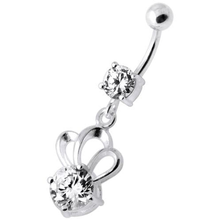 Single Jewel Bow Silver Navel Banana - Clear
