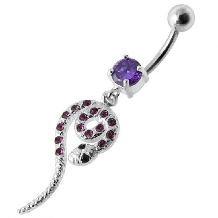 Snake Jeweled Dangling Belly Ring - Purple