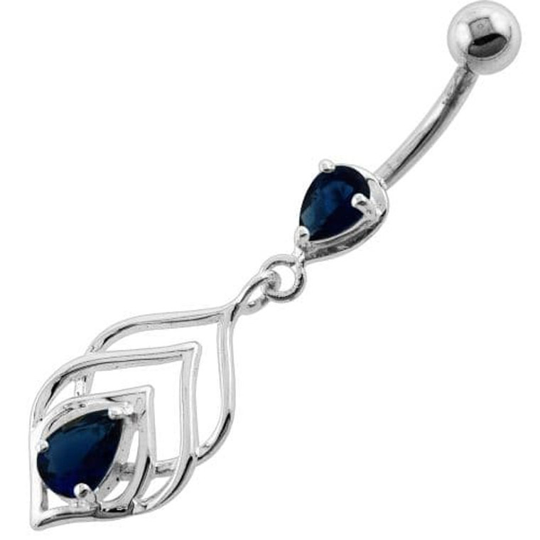Tear Drop Jewel in Lotus Leaf Belly Button Ring - Dark Blue