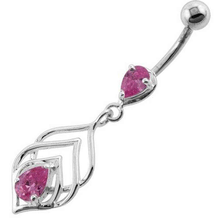 Tear Drop Jewel in Lotus Leaf Belly Button Ring - Pink