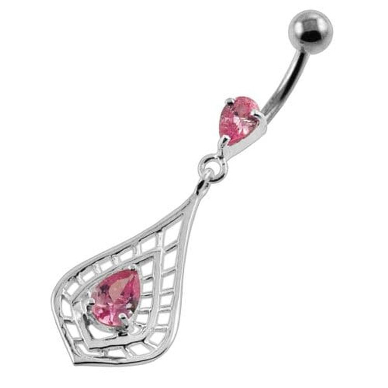 Tear Shape Cut out with Tear Gem Navel Belly Button Piercing - Pink