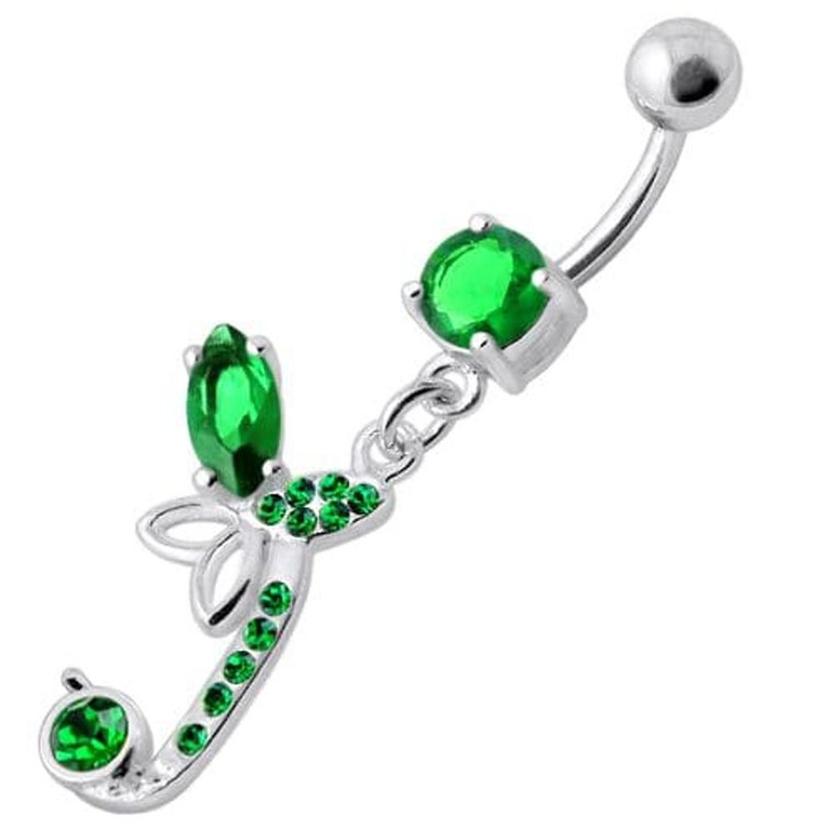Sterling Silver Fancy Butterfly Jeweled Dangling Curved Bar Belly Ring - Emerald