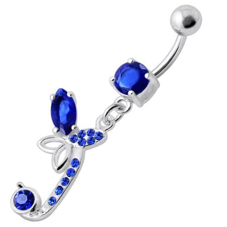 Sterling Silver Fancy Butterfly Jeweled Dangling Curved Bar Belly Ring - Dark Blue