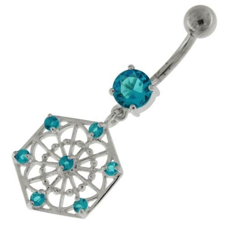 Sterling Silver Jeweled Hexagon Cut out Navel Bar - Aqua