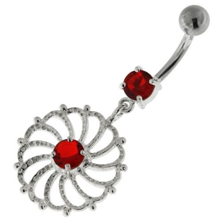 Sterling Silver center Jeweled Swirl Cut out Navel Bar - Red