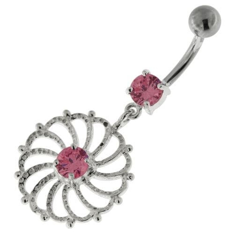 Sterling Silver center Jeweled Swirl Cut out Navel Bar - Pink