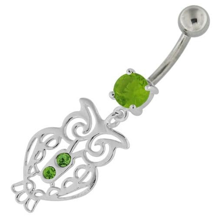 Sterling Silver Jeweled Owl Navel Belly Button Bar - Peridot