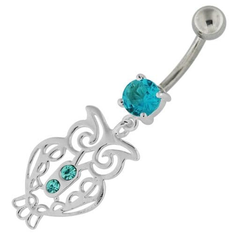 Sterling Silver Jeweled Owl Navel Belly Button Bar - Aqua