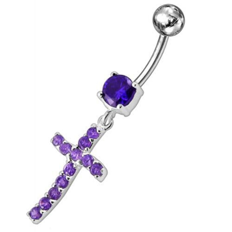 Sterling silver Jeweled Cross Dangling Navel Ring - Purple