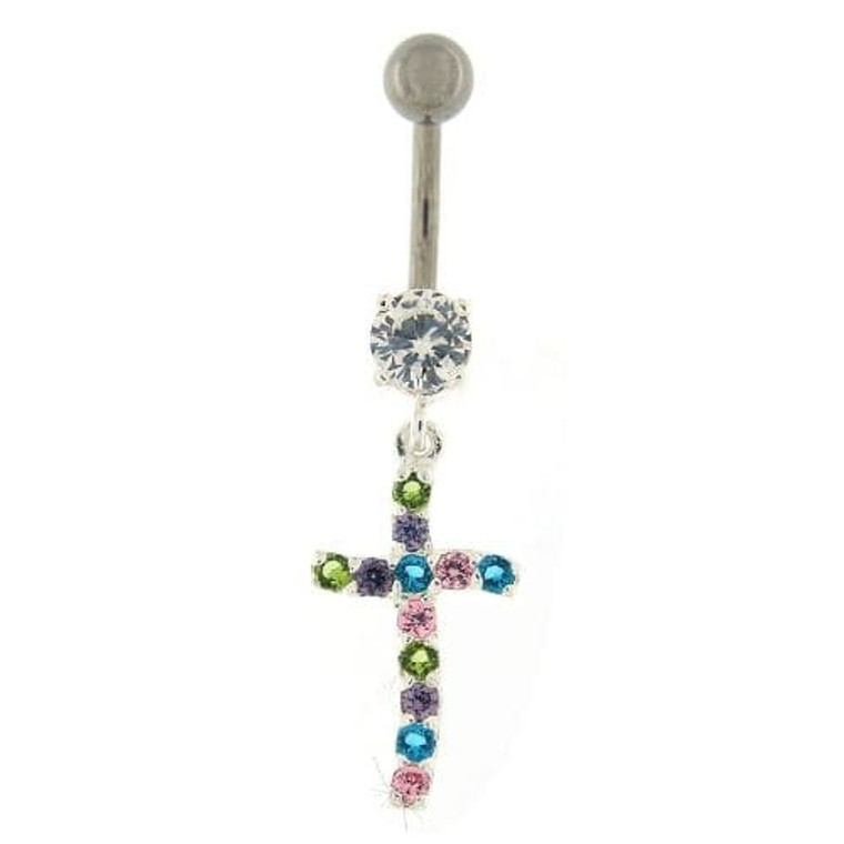 Sterling silver Jeweled Cross Dangling Navel Ring - Mixed