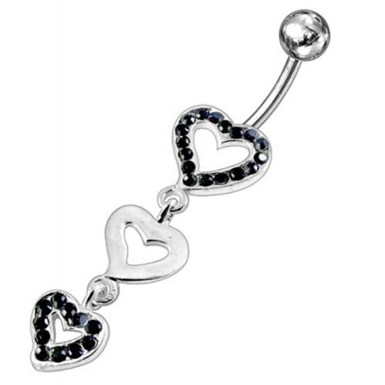Triple Jeweled Heart Silver Dangling SS Navel Banana Ring - Black