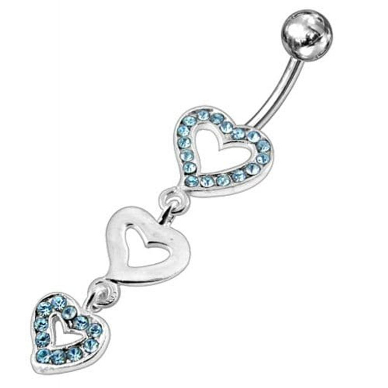 Triple Jeweled Heart Silver Dangling SS Navel Banana Ring - Aqua