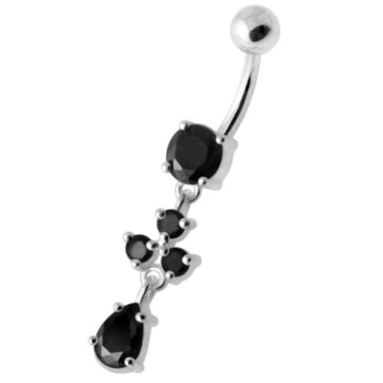 Tri Round Jeweled Dangling Silver Belly Bar - Black