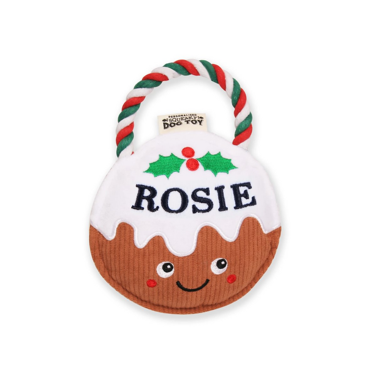 Pre-personalised Christmas Pudding Squeaky Dog Toy Gift - Rosie