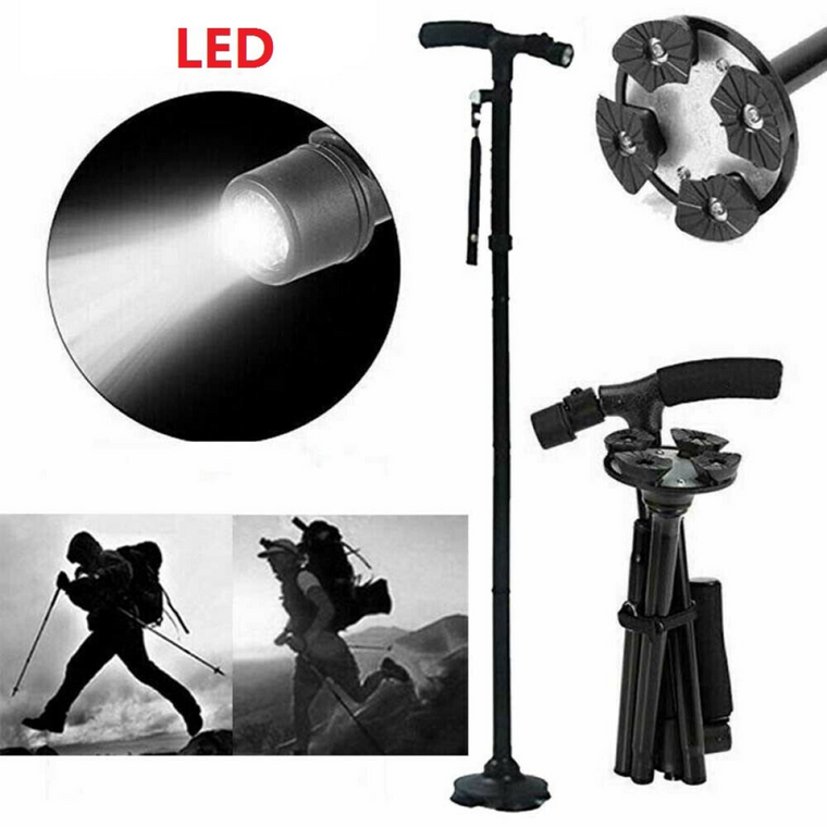 5-Levels Adjustable Height Walking Stick Portable Foldable Cane Travel Camping Hiking Walking Cane w/LED Light