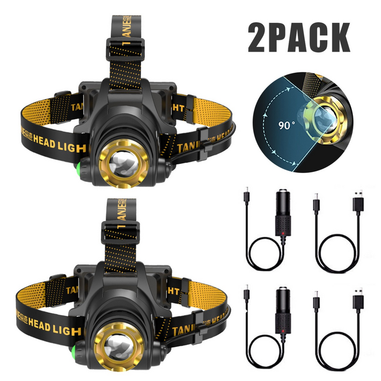 2 Pack USB Rechargeable LED Headlamp 3 Modes Head Torch Zoomable Headlight+Car Charger+USB Cable
