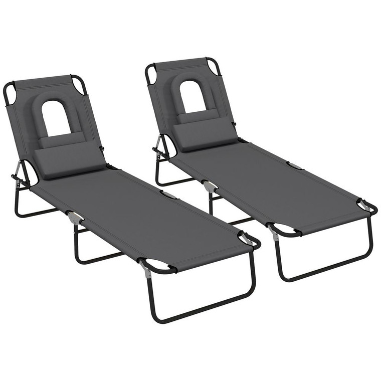 Outsunny Folding Sun Lounger Set of 2 Reclining Chair with Reading Hole Beige - Dark Grey