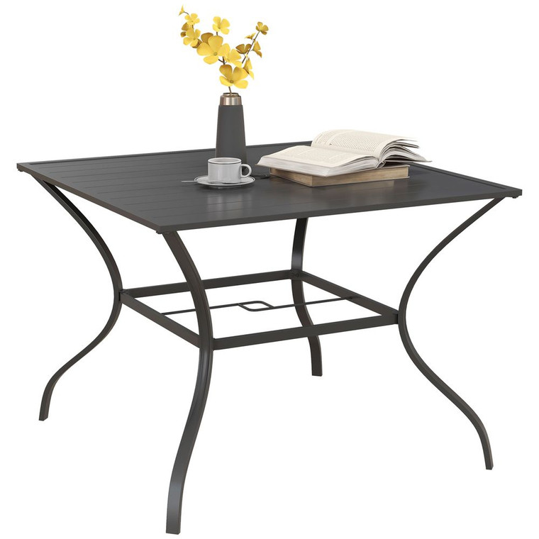 Outsunny Garden Table with Parasol Hole for Four, Slatted Metal Plate Top Grey - Dark Grey