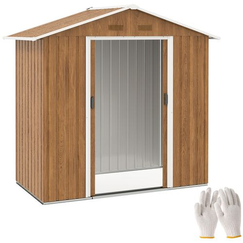 Outsunny 6.5x3.5ft Metal Garden Shed for Garden, Brown Wood Effect