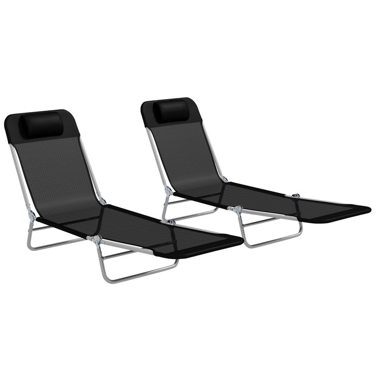 Outsunny 2 Pieces Sun Loungers Foldable Reclining Chair with Headrest Black - Black