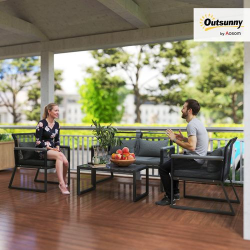 Outsunny 4 Pieces Rattan Garden Furniture Set for 4 Person, Charcoal Grey