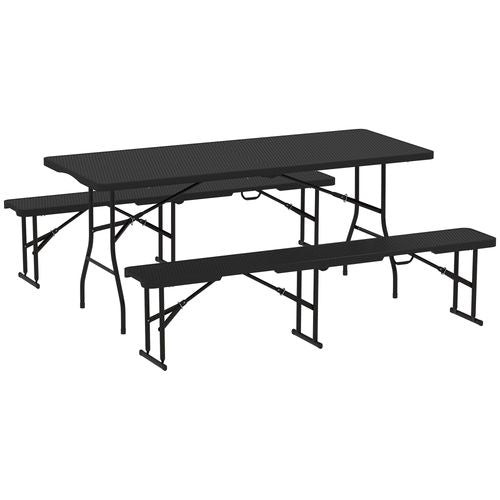 Outsunny Rattan Effect Folding Picnic Table and Bench Set w/ Handles, Black