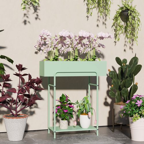 Outsunny 2 Tier Plant Stand, Metal Plant Rack with Drain Holes, Green