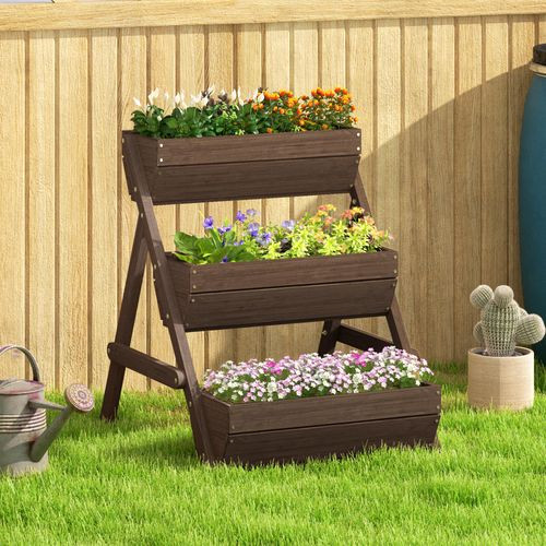 Outsunny 3 Tier Raised Garden Bed Wooden Elevated Planter Box Kit, Tan