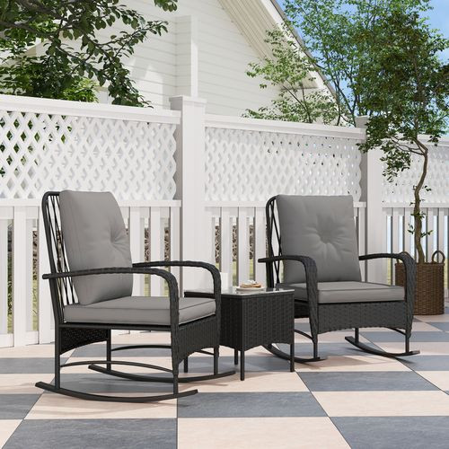 Outsunny Rattan Bistro Set Balcony Furniture with Rocking Chairs, Black