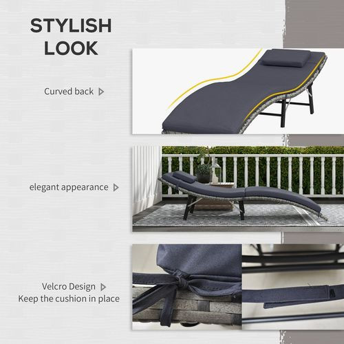 Outsunny Folding Rattan Sun Lounger Outdoor Chair with Cushion and Pillow, Grey