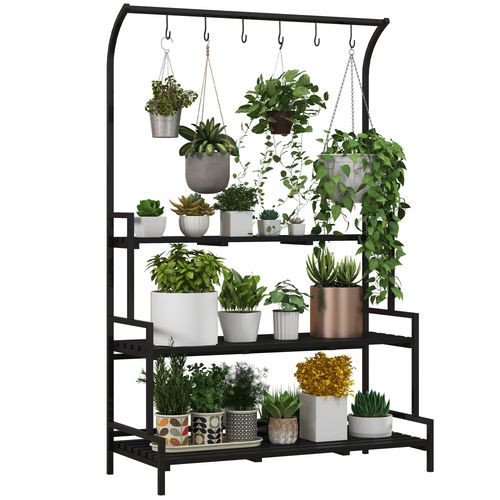 Outsunny 3 Tiered Plant Rack Stand with Hanging Hooks for Indoor Outdoor Use