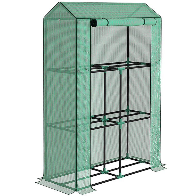Outsunny 3 Tier Mini Greenhouse with PE Cover, Roll-Up Door - Green