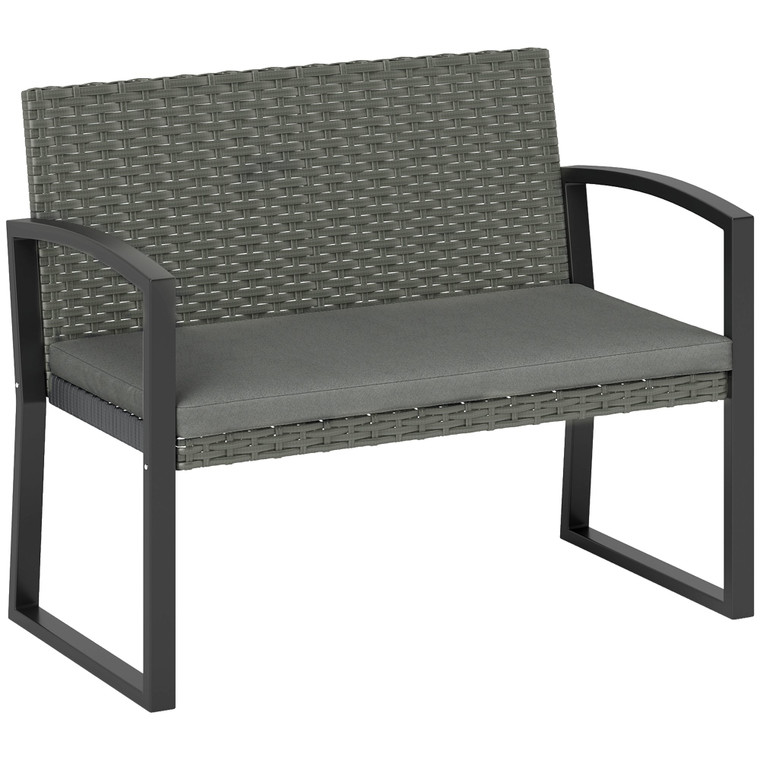 Outsunny 2 Seater Rattan Garden Bench with Cushion, Steel Frame - Dark Grey