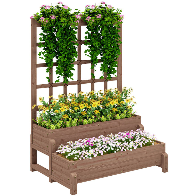 Outsunny 2-Tier Wooden Raised Bed with Trellis and Drainage Holes - Brown