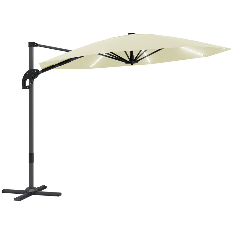 Outsunny 3(m) Garden Parasol w/ Lights, Crank Handle & Cross Base - Cream