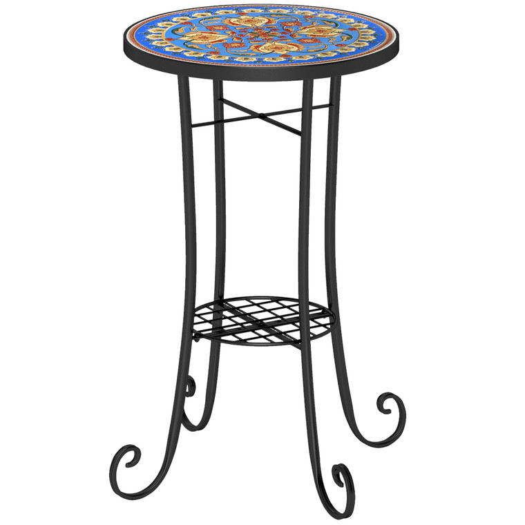 Outsunny 35.5cm Round Mosaic Garden Side Table Plant Stand w/ Shelf - Blue