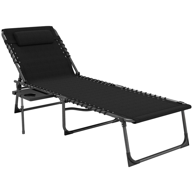 Outsunny Folding Sun Lounger with 5-Level Reclining Back, Side Table - Black